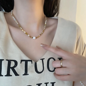 Beaded Necklace Natural Stone Freshwater Pearl Stainless Steel Retro Bohemian Style Women Clavicle Chain Accessory