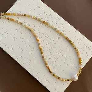 Titanium steel necklace with natural stones, freshwater pearl, and golden square beads