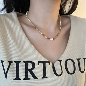 Bohemian style titanium steel necklace with natural brown beads and freshwater pearl