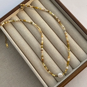 Bohemian natural stone and freshwater pearl necklace with gold-plated stainless steel clasp