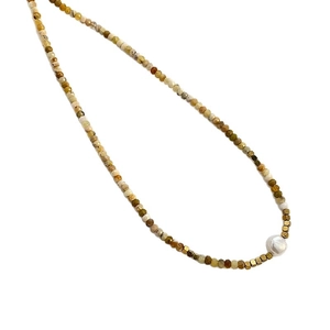 Bohemian titanium steel necklace with natural stones, yellow beads and freshwater pearl