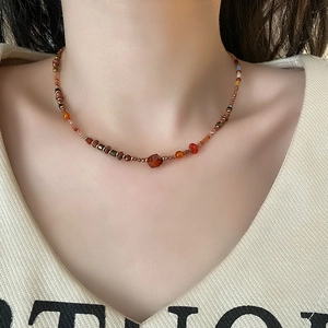 Vintage style beaded necklace with red agate and Czech glass beads for women