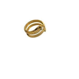 Golden stainless steel snake ring with green eye details on a clean white background