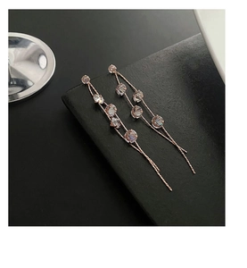 Detail of rose gold tassel earrings with glittering round zircons on slim metal chains