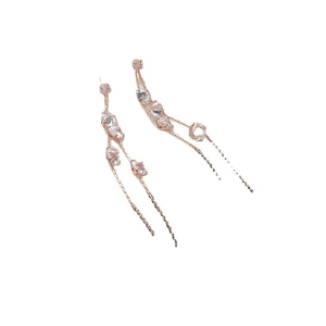 Elegant rose gold tassel earrings with zircon crystals on a clean white background