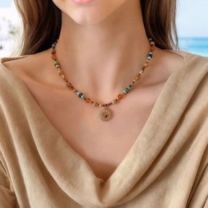 Collana Di Perline Boho Vintage Con Pendente Sole In Acciaio Inossidabile Occhio Di Tigre Naturale E Turchese Da Donna