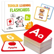Close-up of 60 waterproof flashcards for early learning with letters and colorful illustrations