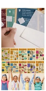 Close-up of adhesive dots and children holding educational world history posters