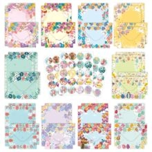 Easter stationery set detail with assorted floral egg envelopes and matching sticker labels