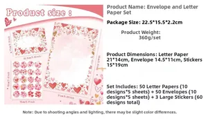 Detailed size specifications for pink heart stationery set including papers and envelopes
