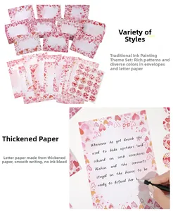 Detailed view of pink heart-themed stationery set with envelopes and stickers