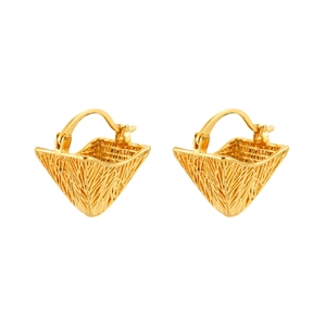 Retro golden hollow triangular earrings with irregular textured finish on white backdrop
