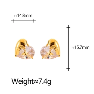 Elegant heart-shaped gold studs with clear zircon stones and precise 15mm dimensions