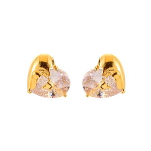 Elegant gold heart stud earrings with sparkling clear cubic zirconia stones and pavé accents