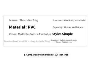 Detailed size specifications and PVC material properties for the large capacity tote bag