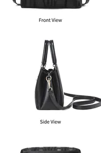 Front and side views of a black handbag with 3D wave texture and gold hardware