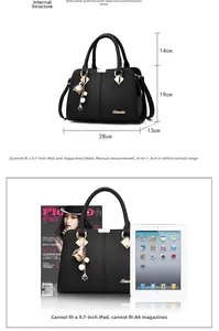 Detailed dimensions of black lychee leather handbag showing interior pockets and capacity