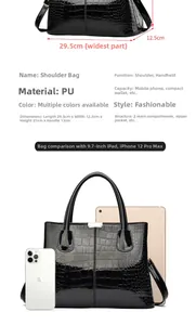 Detailed size specifications for the crocodile texture shoulder bag in 29.5x12.5x21cm dimensions