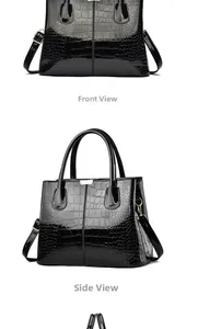 Front and side view of black glossy faux croc leather tote bag with gold metal hardware