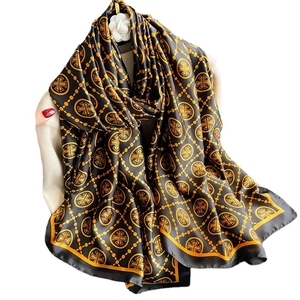 Luxury black and gold checkered silk scarf with geometric chain pattern for women