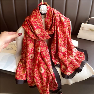 Elegant Women Long Satin Scarf Vintage Floral Vine Printed Polyester Satin Shawl Soft Sunscreen Wrap Travel Beach Fashion