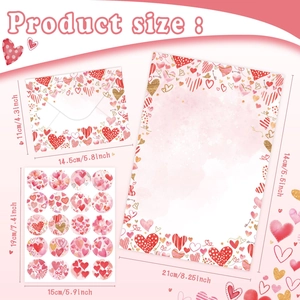 Pink Valentine stationery set with envelopes and heart stickers showing product dimensions