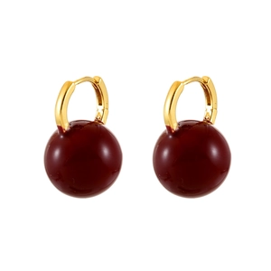 Retro gold hoop earrings with large deep red oil-drop cherry pendants for women