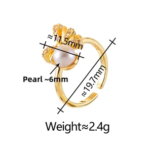 Detail of adjustable bow ring with shell pearl and zircon pavé showing size and dimensions