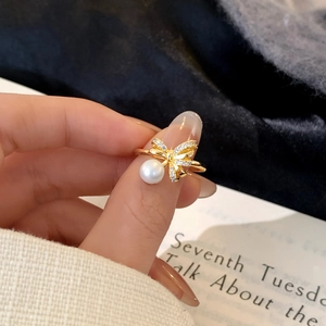 Bow Knot Open Ring Copper Zircon Shell Artificial Pearl Adjustable French Light Luxury Elegant Jewelry For Women