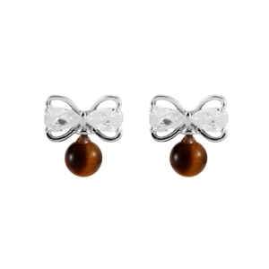 Retro bow stud earrings with sparkling zircon and brown tiger eye stone beads for women