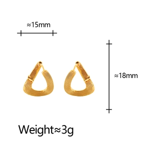 Gold minimalist triangle earrings with textured finish measuring 15mm by 18mm