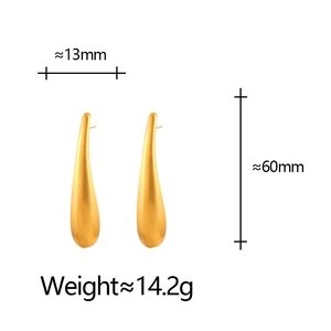 Luxurious matte gold teardrop earrings showing 13x60mm size and 14.2g weight