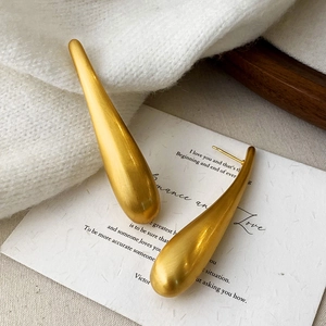 Macro detail of teardrop matte gold earrings with brushed metallic texture and drop design