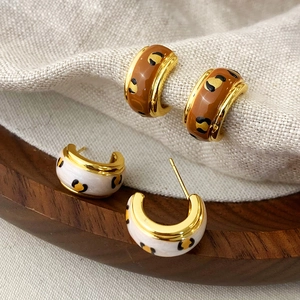 Leopard Print C-Shape Hoop Earrings Vintage Enamel Drip Oil Copper 18K Gold Plated Retro Jewelry For Women