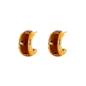 Vintage French leopard print enamel C-shaped hoop earrings in gold finish for women