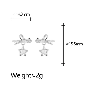 Detail view of bow star earrings with dimensions of 14.3mm width and 15.5mm height