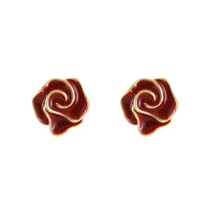 Elegant red enamel rose earrings with gold-toned trim for a vintage floral jewelry look