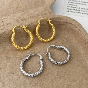 Geometric Copper Hoop Earrings With 18K Gold Plated Braided Quilted Texture Simple Fashion Jewelry For Women
