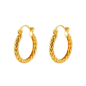 Classic gold geometric quilted hoop earrings with textured diamond pattern finish