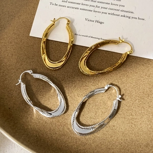 Twisted Geometric Hoop Earrings Oval Copper With 18K Gold Silver Plating Beaded Texture Vintage Style For Women