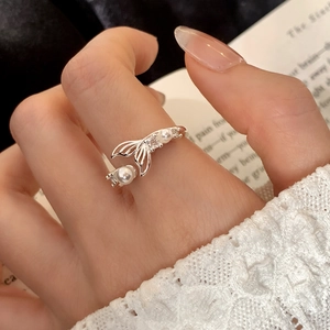 Mermaid Fish Tail Open Ring With White Artificial Pearls And Sparkling Zircon Elegant Adjustable Silver Jewelry For Women