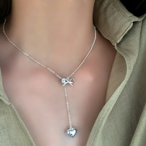 Heart Bow Knot Pendant Y Necklace Copper Silver Plated Elegant French Style Simple Sweet Versatile Jewelry For Women
