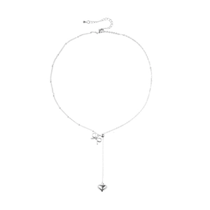 Elegant silver Y-necklace featuring a delicate bow and polished heart pendant on white background