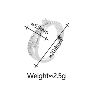 Detail showing width and diameter measurements of a silver zircon double-layered ring