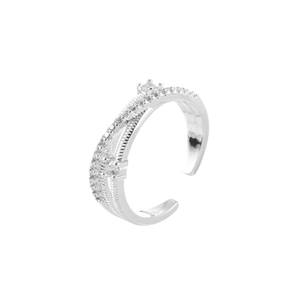 Elegant silver-plated adjustable double-layer ring with micro-pave cubic zirconia stones