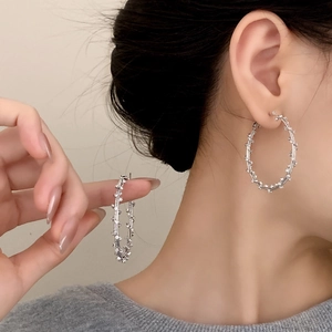 Silver hoop earrings with twisted rope design and white crystal stones worn by model