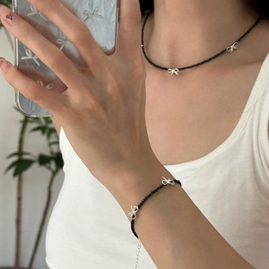 Black Beaded Necklace And Bracelet With Copper Bow Pendants Faceted Beads Elegant Sweet Clavicle Chain For Women