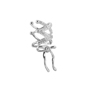 Elegant silver bow ear cuff with sparkling zircon accents in a layered metal design