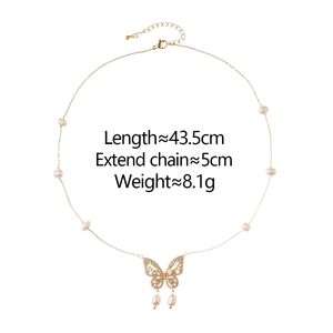 Detail of butterfly pearl necklace showing length 43.5cm and dimensions on white background