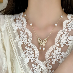 Butterfly Pendant Necklace Copper With Freshwater Pearl And Zircon Elegant French Style For Women Luxury Jewelry